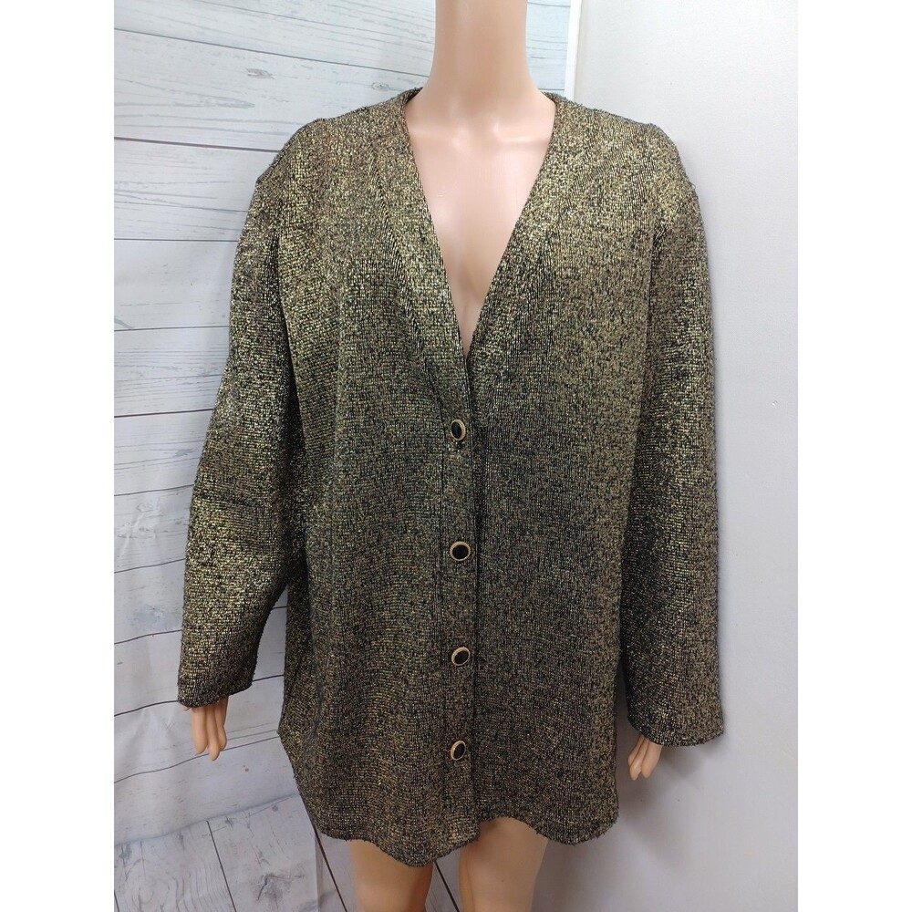 Vtg Womens Gold Metallic Cardigan Sweater Button Front Sz 20W